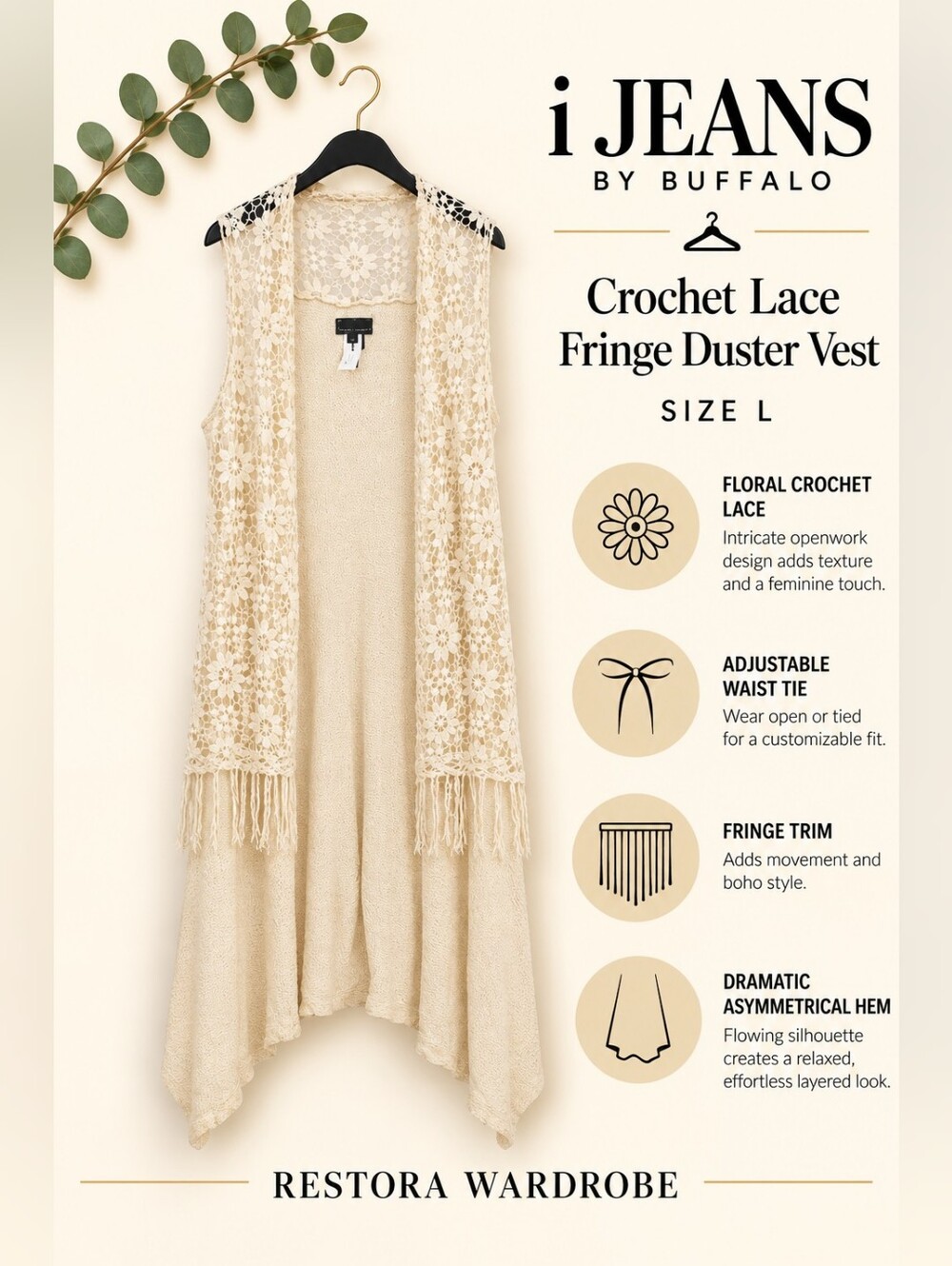 i Jeans by Buffalo Crochet Duster Cream Floral Lace Fringe L Boho